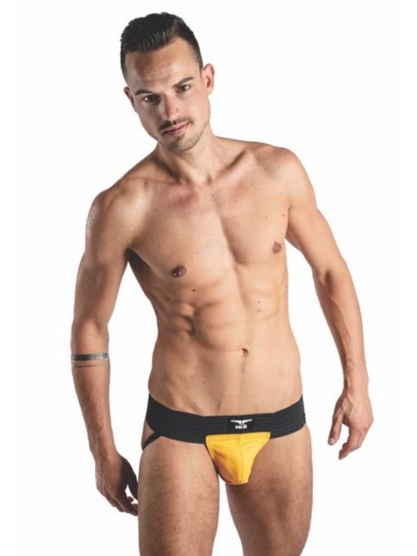 Mr. B Leder Jockstrap Two Bands | Black/Yellow